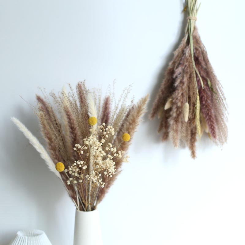 Nordic Style Mixed Dried Flower Bouquets with Reeds, Dusters, Golden Balls, and Lagurus Ornaments for Home Decor.