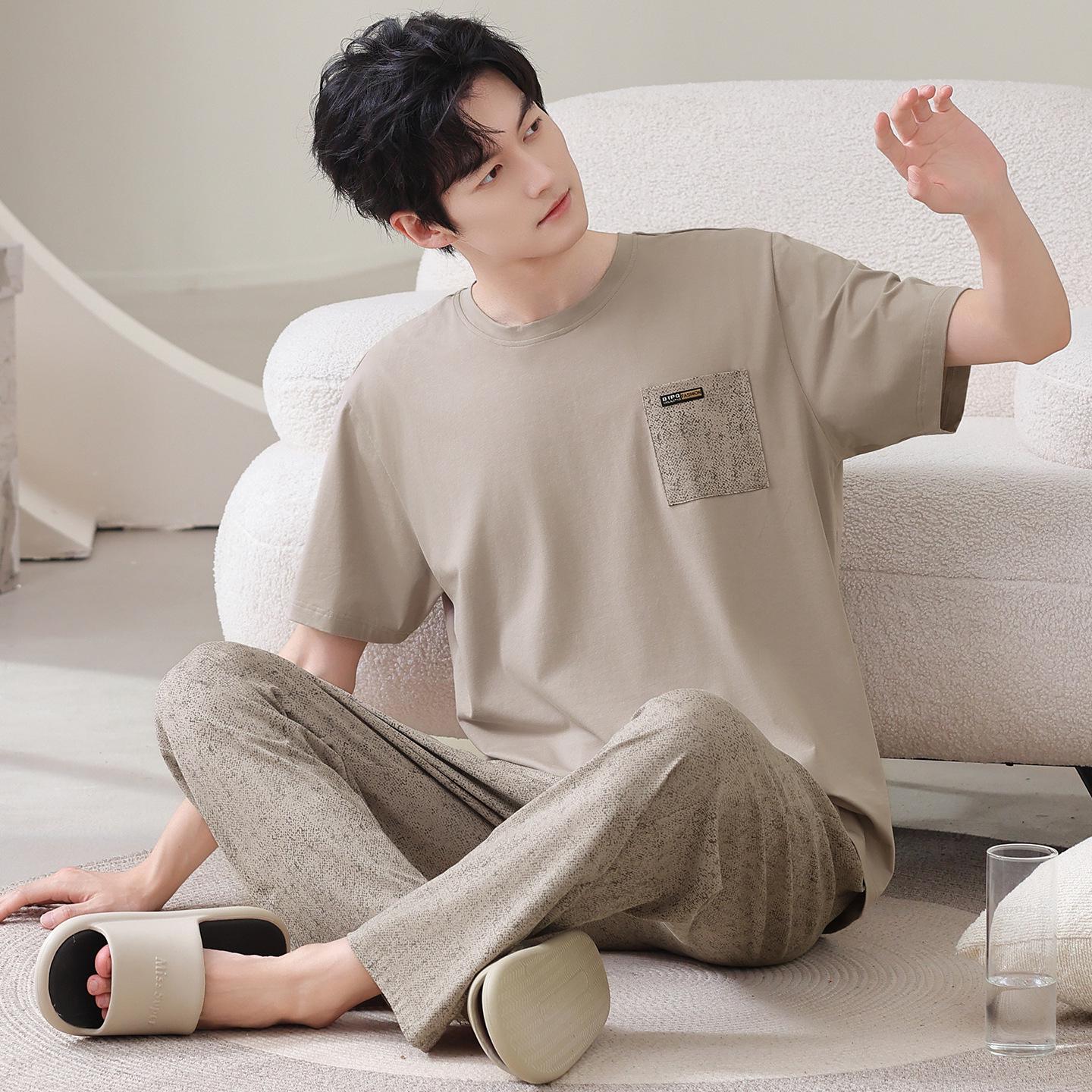 

Men s Summer Cotton Pajama Set: Short Sleeve Top & Long Pants, Loose Fit, Outdoor & Home Wear 2XL (70-83 kg)