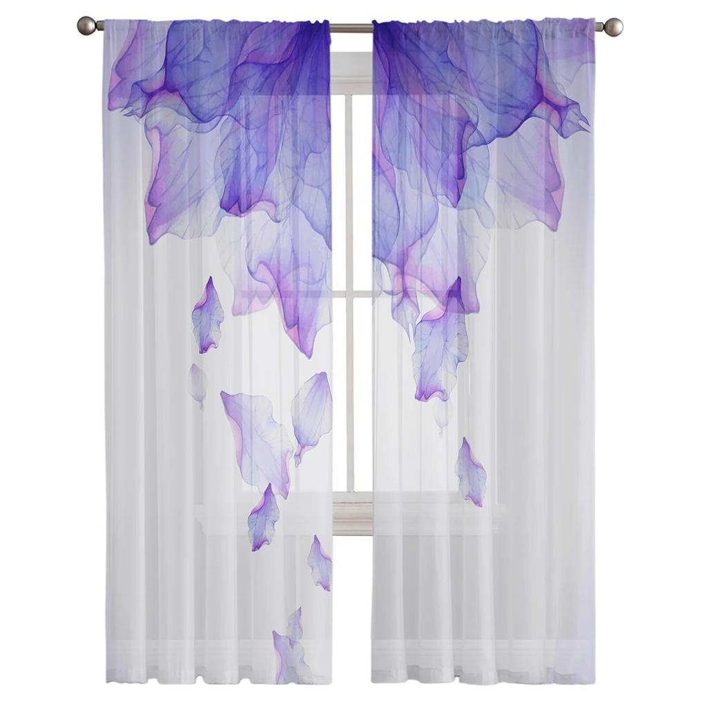 Lila Blumen Tinte durchsichtige Vorhänge für Mädchen, Kinder, Schlafzimmer, Küche, Fenster, Vorhänge, Heimdekoration