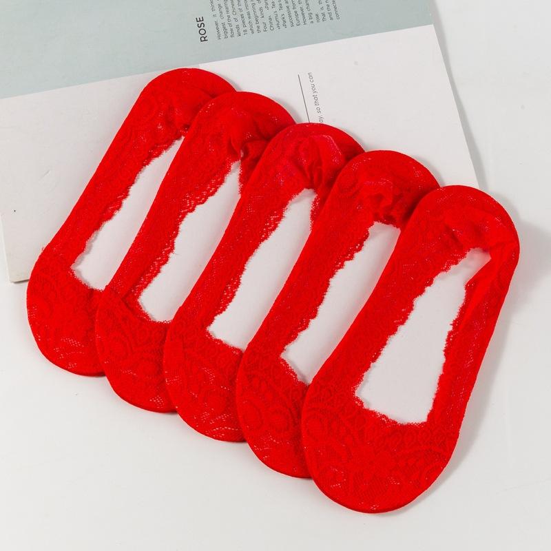 10 Pairs of Big Red Lace Boat Socks, Red Wedding Invisible Shallow Mouth Silicone Anti-slip Cotton Sole Socks for Women
