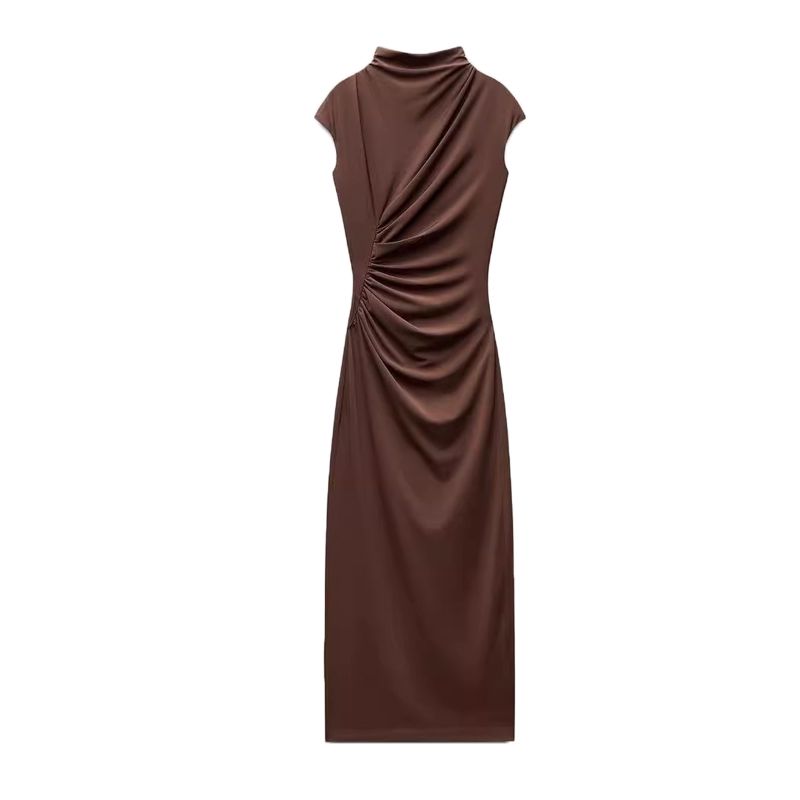 Spring New Women Clothes Vest Dress Long Knitted Pleat Decorative Stand Collar Sleeveless Dress 4772345