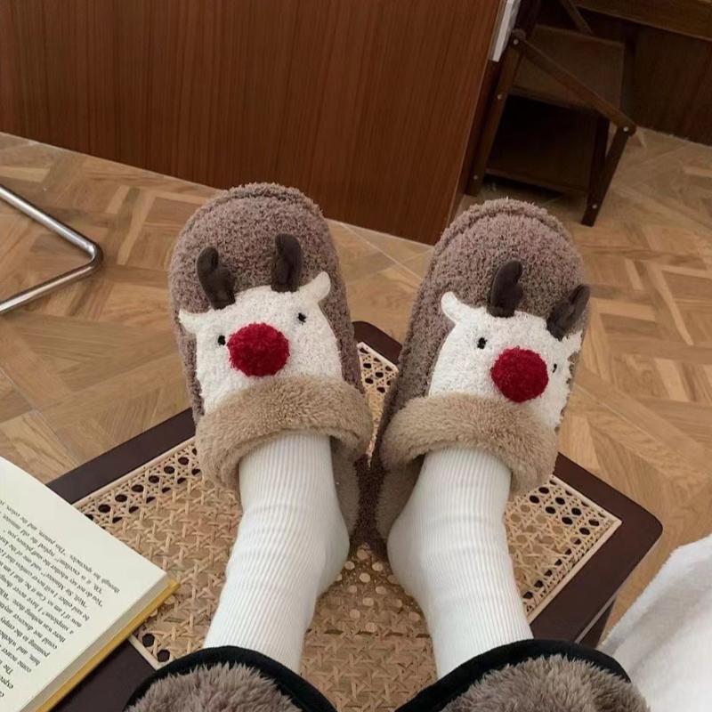 Winter Christmas Elk Plush Shoes Home Fashion Couple Non slip Warm Baotou Cotton Slippers