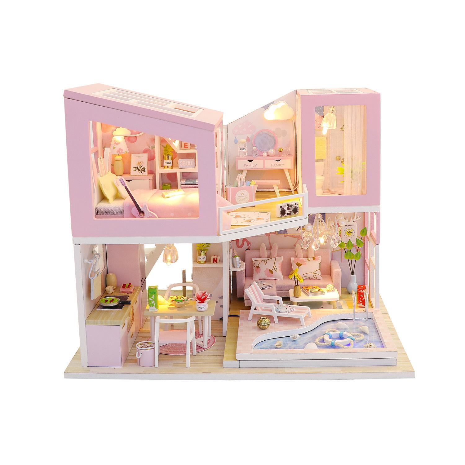 

Комплект для детского домика, мини-головоломка ручной работы, 3D-сборка, строительство виллы, игрушки, украшение дома с мебелью из дерева P544