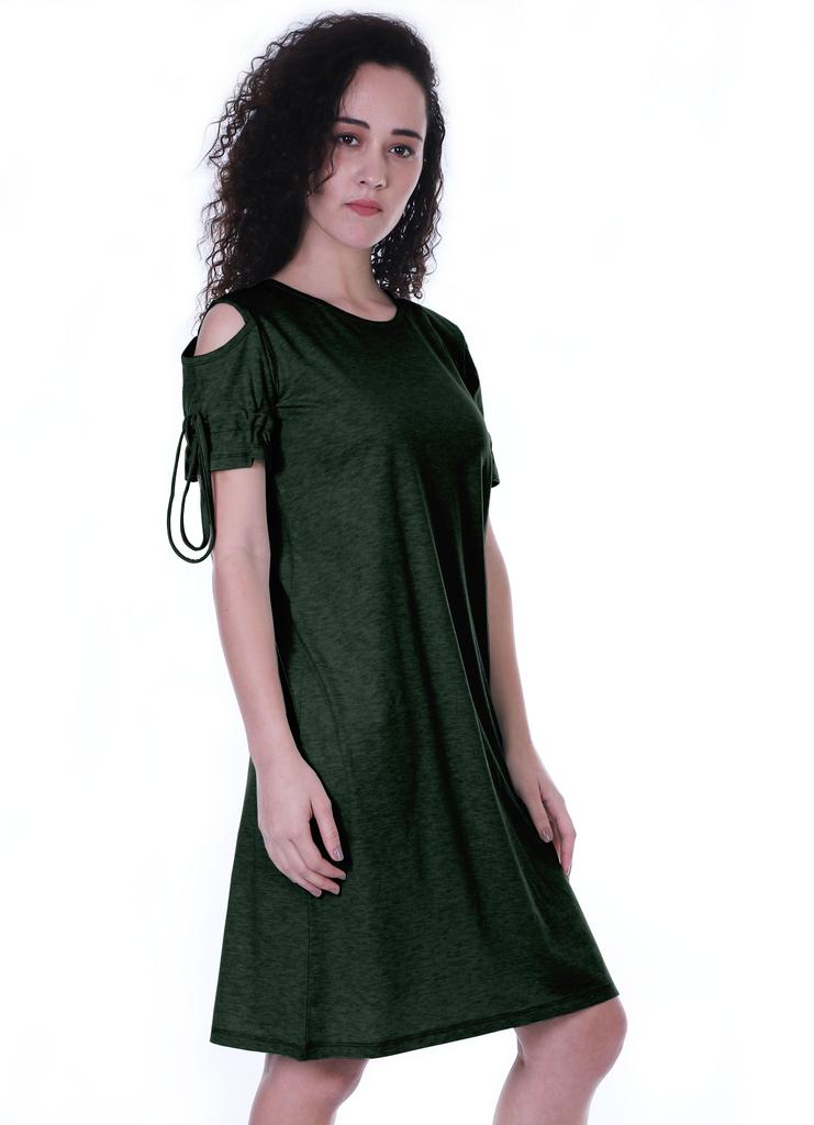 Moomaya Cold Shoulder T-shirt Dress Round Neck Casual Knee Length Summer Dresses For