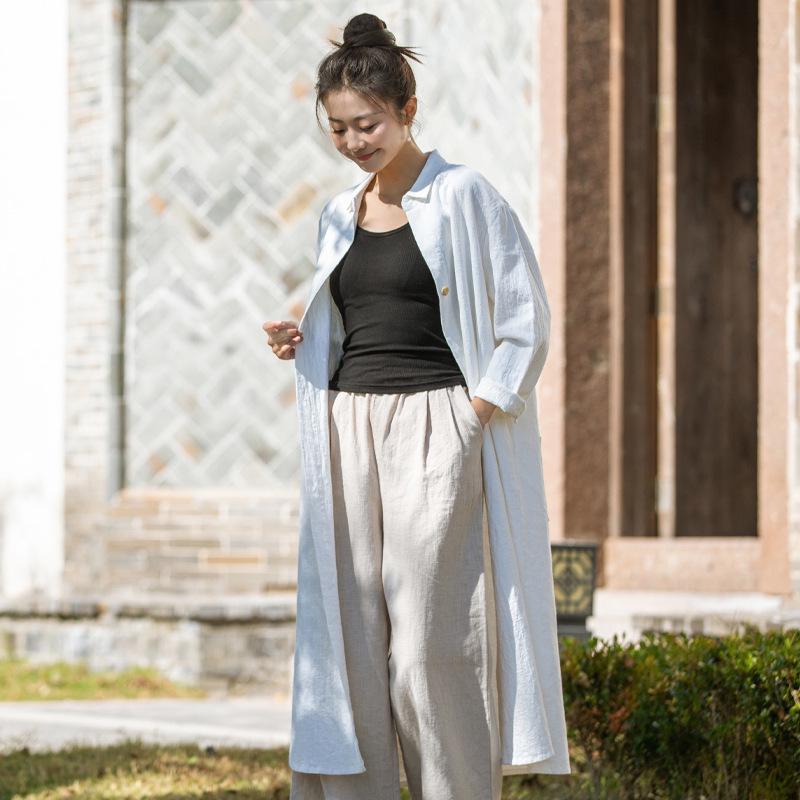 2026 Spring Women's Artistic Sand-Washed Cotton Linen Lapel Long Coat - Loose, Slimming Outerwear Cardigan