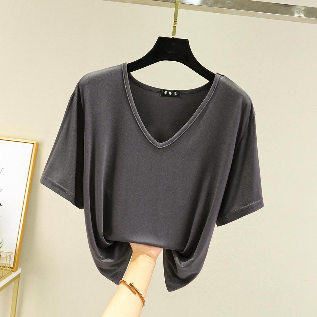 Damen T-Shirt Modal V-Ausschnitt Kurze Ärmel Tops Sommer Lässige T-Shirts Einfarbige Lockere Basic Unterhemden