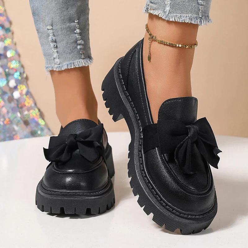 Spring Bowknot Platform Loafers Women Black Faux Leather Slip On Flats Shoes Woman College Style Thick Sole Dress Shoes Size 42