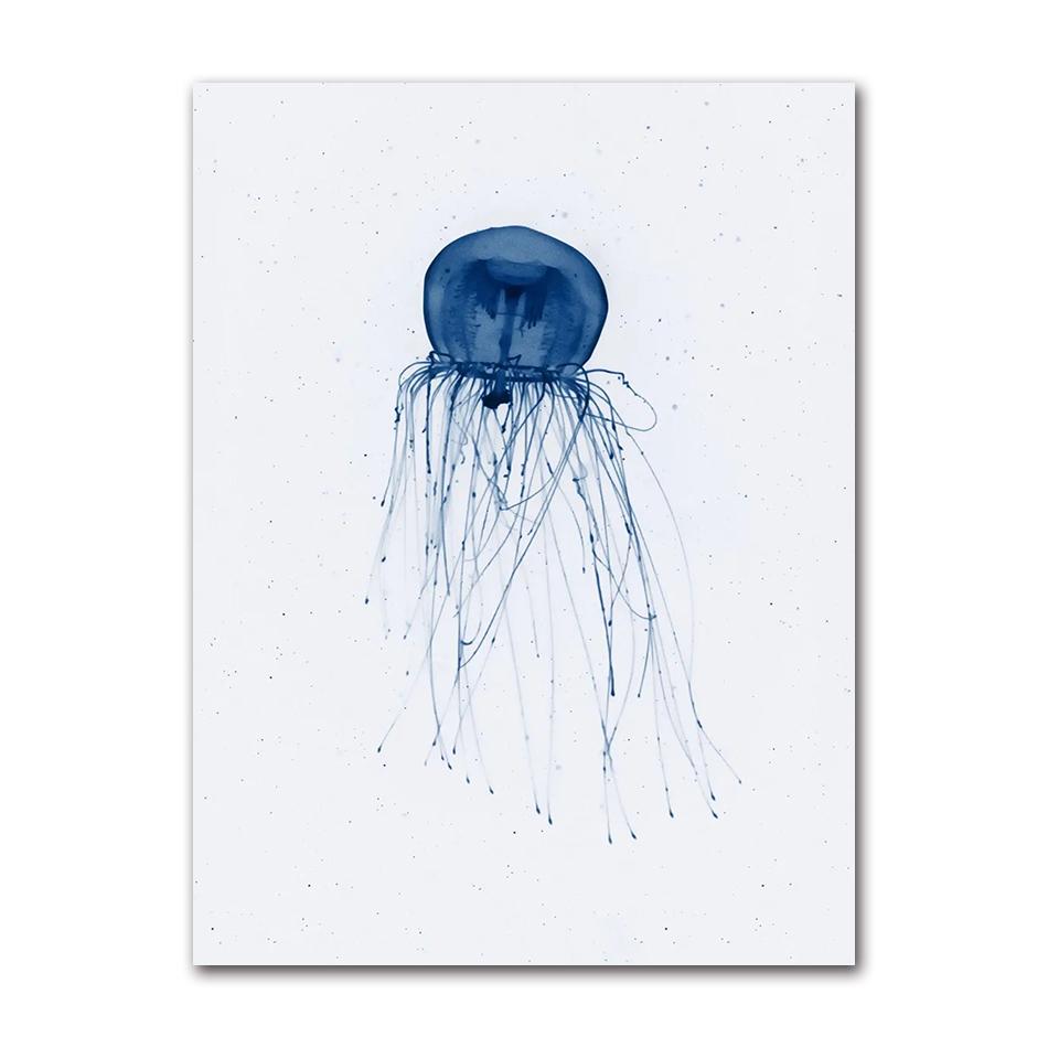 Retro Sea Animal Cyanea Jellyfish Squid Shark Minimalist Art Poster Canvas Painting Wall Prints Picture Living Room Home Decor