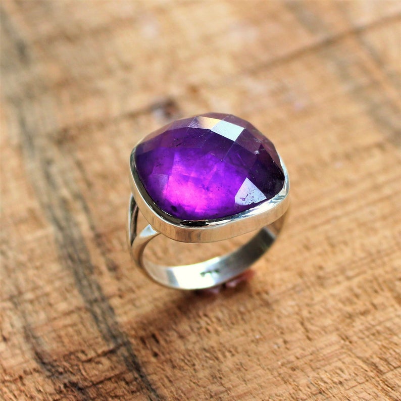 Faceted Amethyst Ring, 925 Sterling Silver Ring, Oval Gemstone Boho Ring, Handmade Jewelry, Gift For her, Valentine's Day Gift,