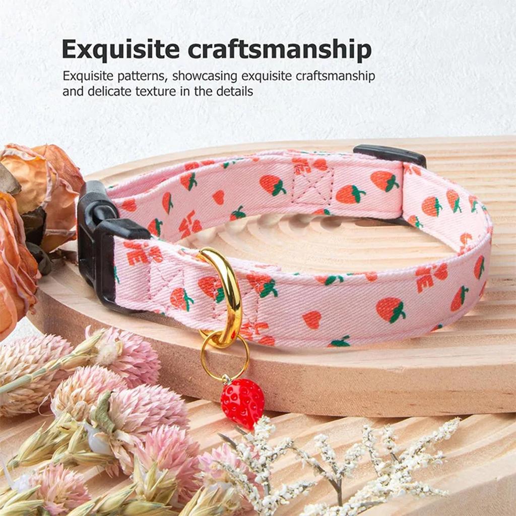 2Pcs Adjustable Pet Collar - Pink Strawberries And White Heart Shaped Pendant Cotton Breakaway Cat Collar With Bell