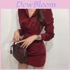 Knit Fabric Long Sleeve Wrap Dress With Pleats For Office And Elegant Wear