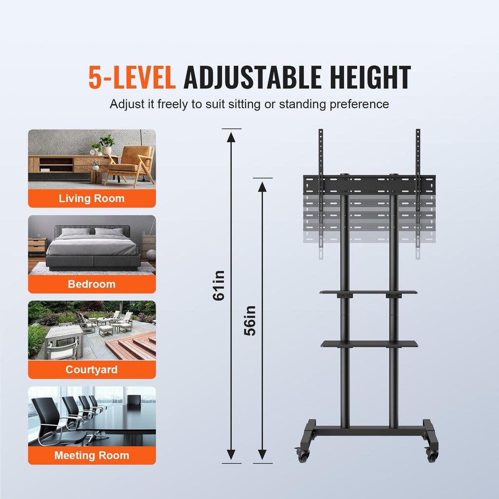 Mobile TV Stand, Mobile TV Cart for 32 to 70 inch TVs, Height Adjustable Portable TV Stand with Wheels, Double Tray for Audio-Visual Devices, Rolling