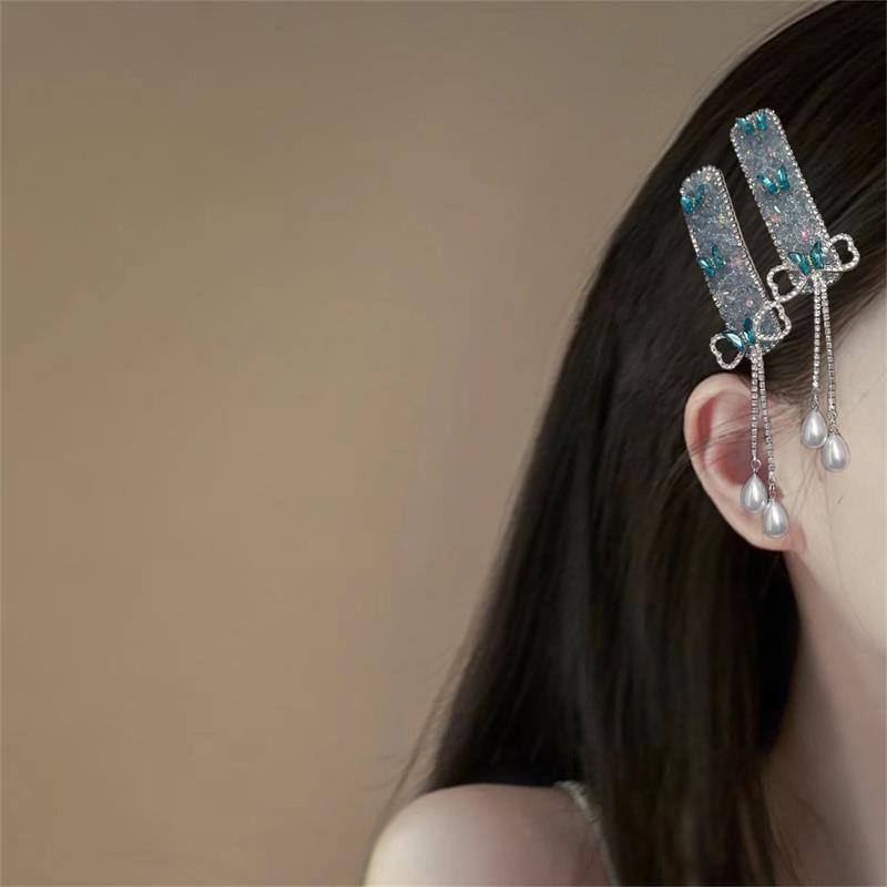 Blue Bow Pearl Tassel Hairpin Side High Sense Fashion Exquisite BB Clip Versatile Hair Accessories