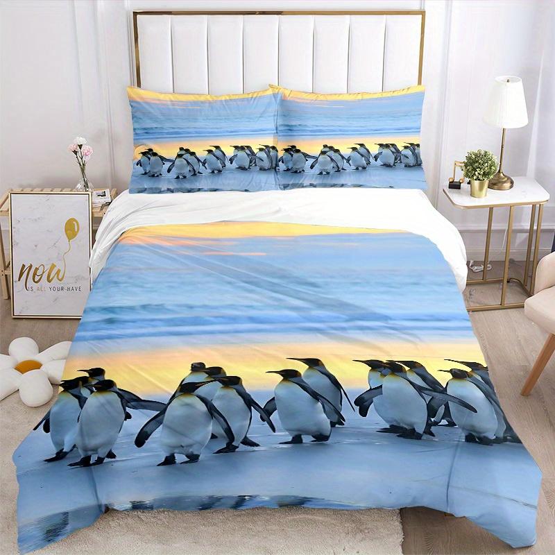 3pcs Set Penguin Beach 1 Quilt Cover + 2 Pillowcases, All Seasons Bedroom Setting, Perfect for Home and Dorm Decor A160
