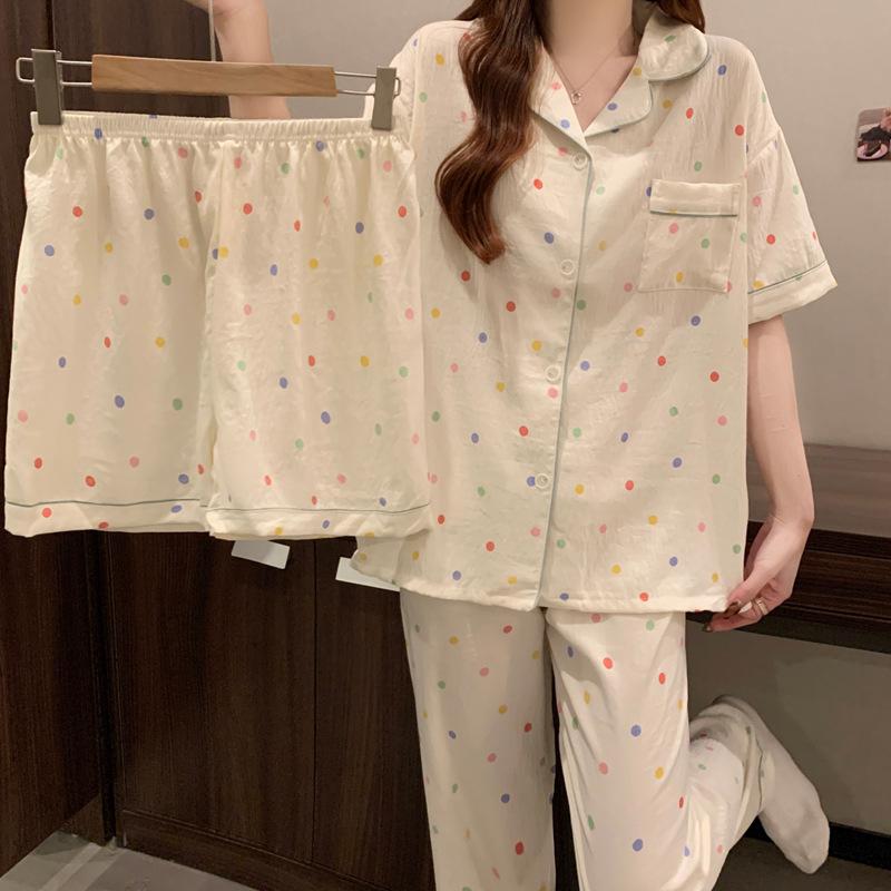 Cream Wind Color Polka Dots Spring And Summer Pajamas Women'S Short-Sleeved Three-Piece Set Simple Loungewear Cloud Cotton Set