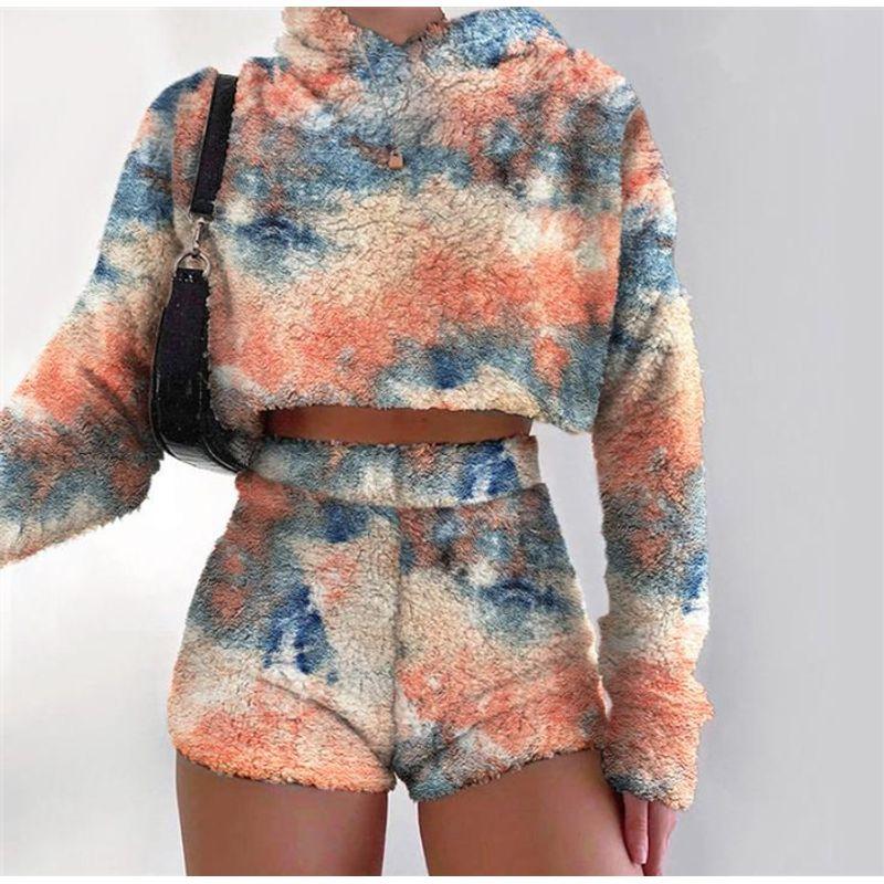 

Women s Autumn and Winter Plush Two-piece Set Clothing Orange Blue Tie Dye S