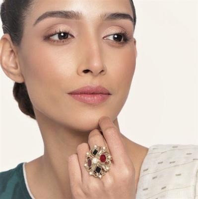 Gold Plated Adjustable Ring for Women with Multicolor Stones