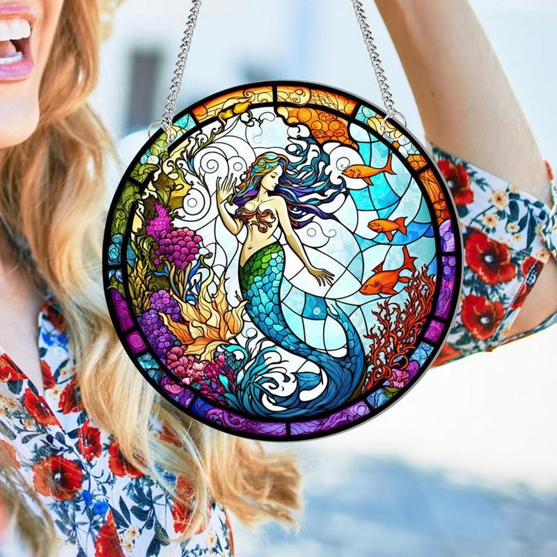 Mermaid Ornament For Wall Colorful Wall Art Panel Double-Sided Sea-Themed Decorative Bedroom Pendant With Chain Hooks For Women