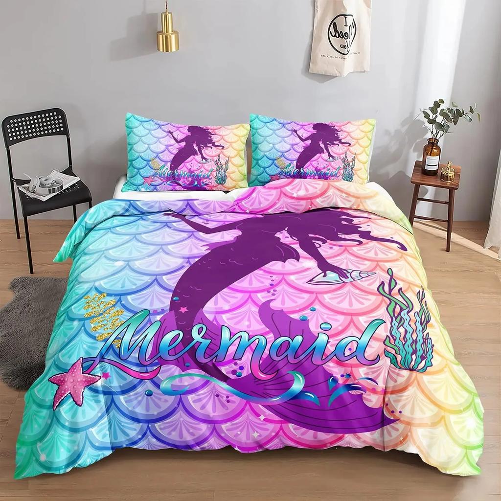 Mermaid Duvet Cover Set,Starfish Blue Undersea Style Dreaming Fairy Tale Bedding Set Girly Comforter Cover Bedroom Decor Gifts