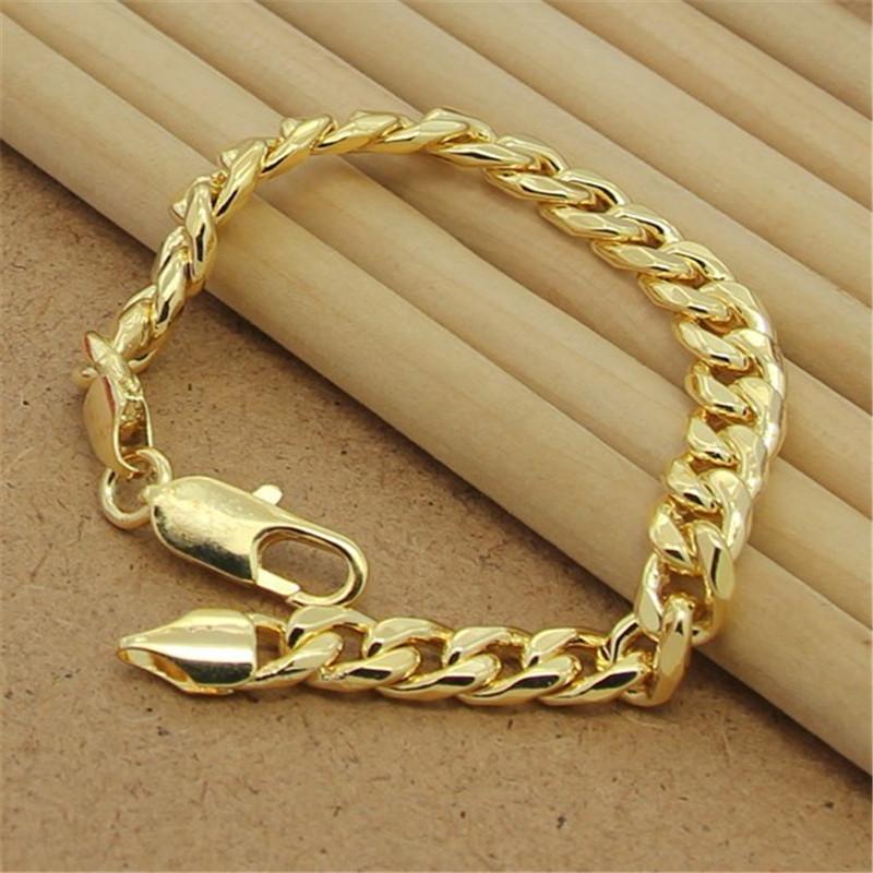 Classic Sterling Silver Hand 6MM Sideways 24K Gold Bracelet For Men & Women Party Charm Jewelry Gift