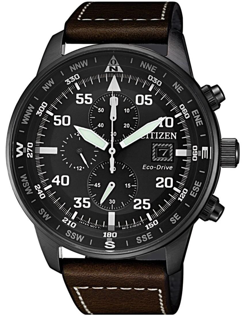 

CITIZEN Eco-Drive Хронограф с черным циферблатом, кожаный мужской CA0695-17E чёрный