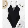 Women One Piece Swimsuit Strappy V Neck Monokini Bathing Suit with Mesh Panel Adjustable Spaghetti Straps Swimwear