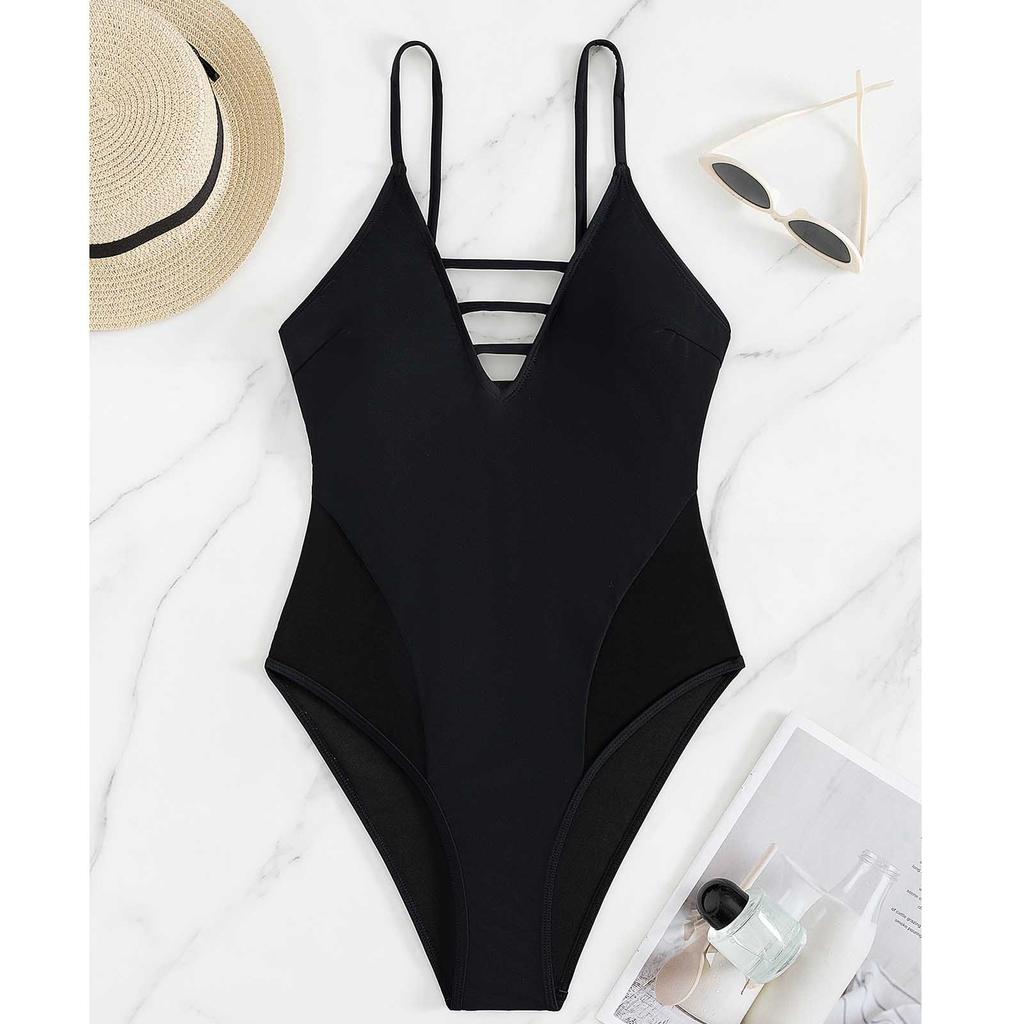 Women One Piece Swimsuit Strappy V Neck Monokini Bathing Suit with Mesh Panel Adjustable Spaghetti Straps Swimwear