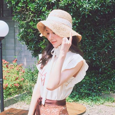 Literary Strap Fisherman Straw Hat Children Sunscreen Crochet Eaves Folding Sun Hat Lace Strap Straw Sun Hat