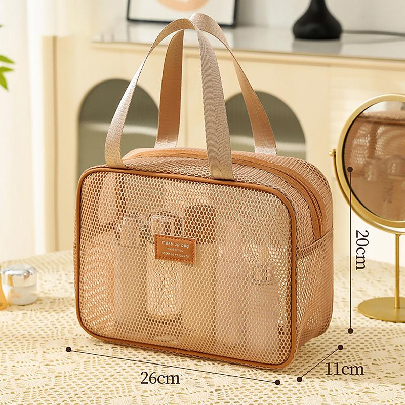 Portable Solid Color Mesh Cosmetic Bag Lightweight Space Saving Zipper Bags Large Capacity Travel Toiletry Storage Handbag