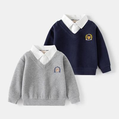 Conjunto de Moletom Infantil de Primavera Estilo Coreano de Duas Peças com Decote em V e Gola de Camisa para Meninos
