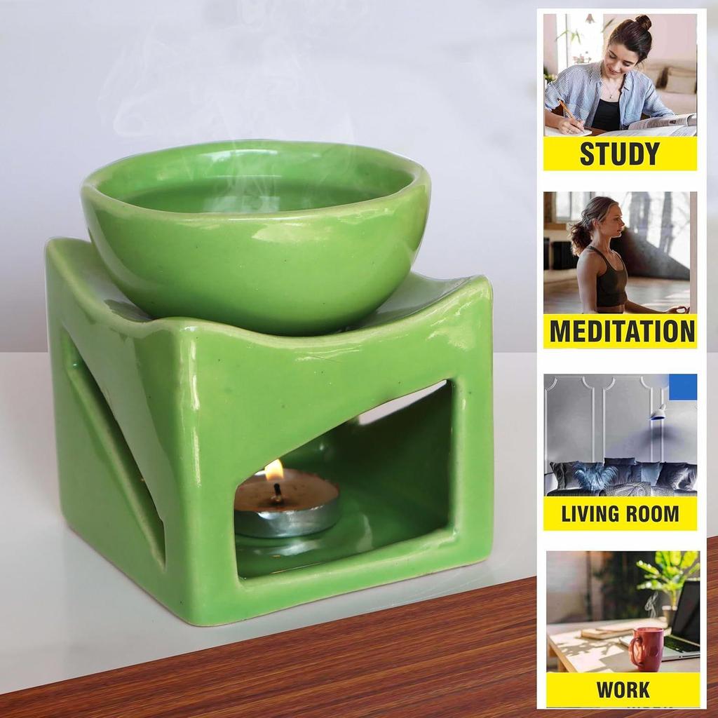 Ceramic Clay Candle Operated Aroma Burner Oil Diffuser, Extra Large Bowl, with 1 Tealight, 4.25 Inch, (Green)