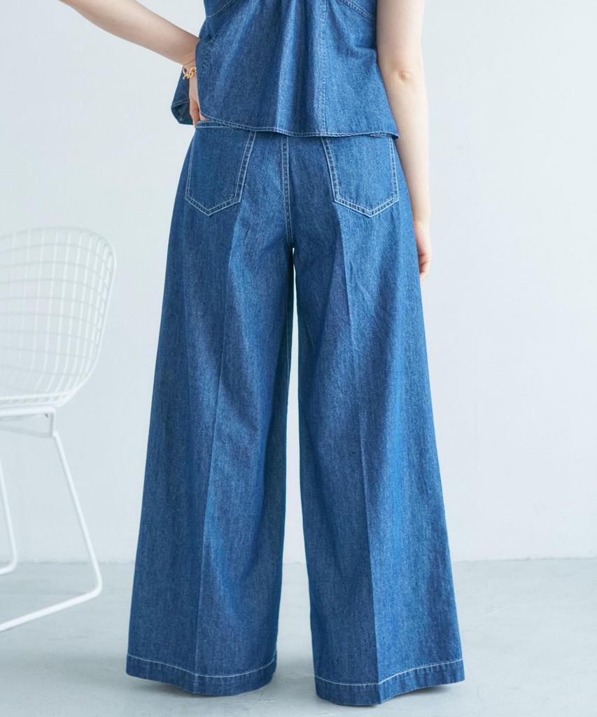 denim pants with center crease and navy size suitable for matching outfits [BIS] Wide-leg belt, washable, (43), M,