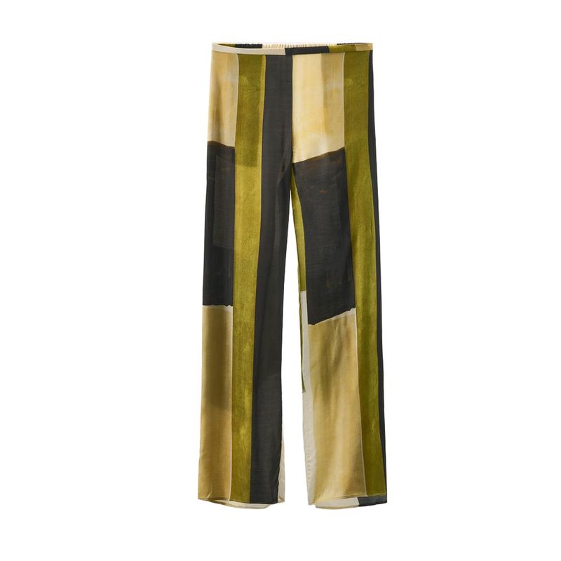 

Summer New Long sleeve Lapel Print Shirts 9063816 Mid-Waist Silk Satin Texture Printed Pants 9064816 Green pants L