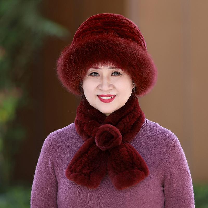 Fur Hat Female Winter Warm Rex Rabbit Hair Old Lady In The Elderly Mother Grandma Thickened Warm Hat Scarf