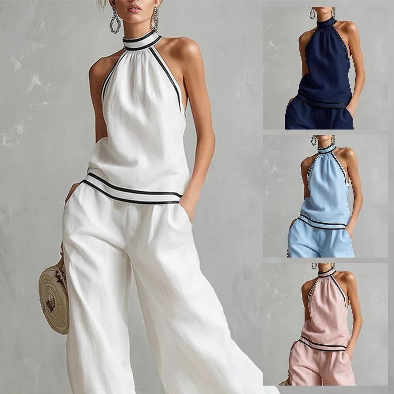 Women's Two Piece Set Halter Top Wide Leg Pants Contrast Trim Summer Vacation Outfit