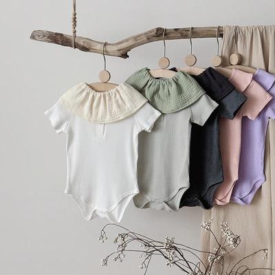 2025 A-Type Solid Color Pit Striped Baby Crawling Romper - Ins Style