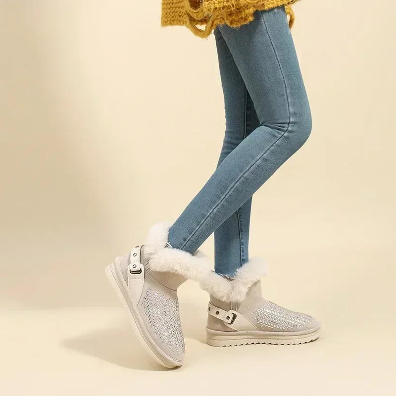 Fashion Rhinestone Women's Booties Snow Boots Elegant With Medium Heels High Quality Ankle Shoes for Woman Spring 2024 Protective Plush