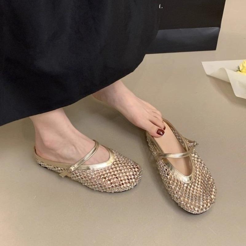 Fashion Rhinestone Marie Jane Baotou Half Slippers Women's 2025 New Summer Outside Wear Half Bottom Flat Cool Mopping