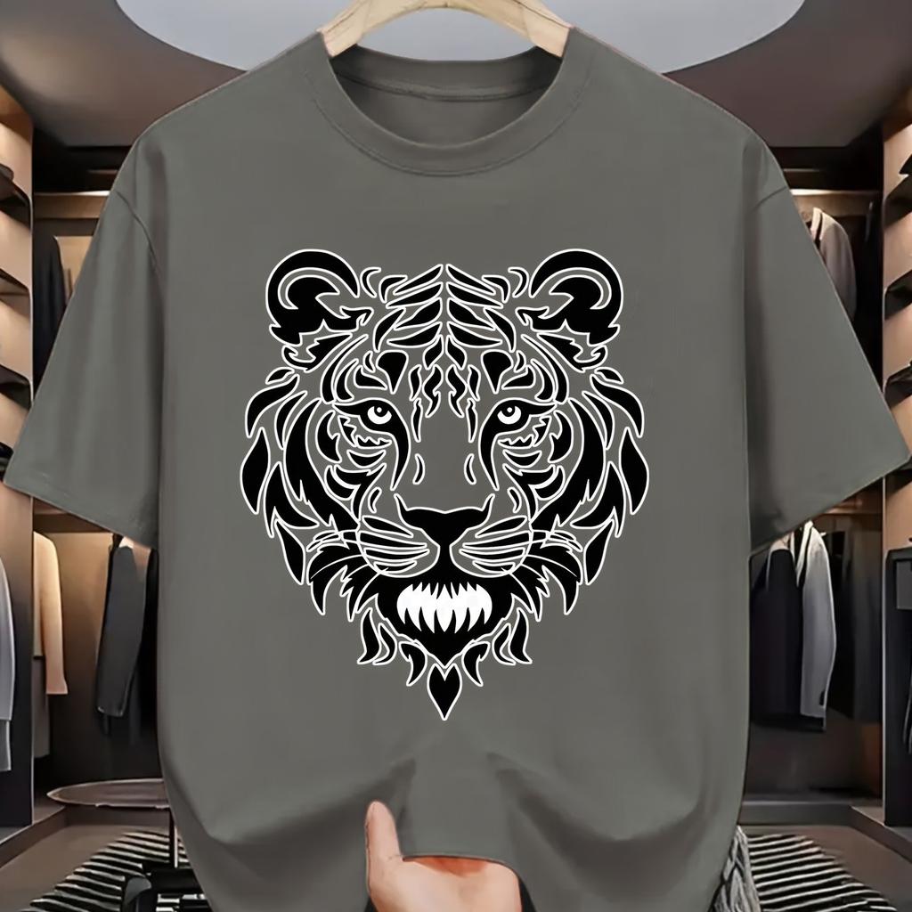 Tribal Tiger Head Graphic Tee Men Summer Casual Short Sleeve Print Crew Neck Cotton TShirt