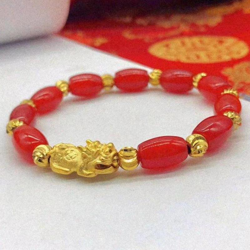 Vietnamese Sand Gold Jade Pixiu Bracelet for Men and Women - Copper Gold-Plated Beads, Imitation Hard Gold Pixiu Design.