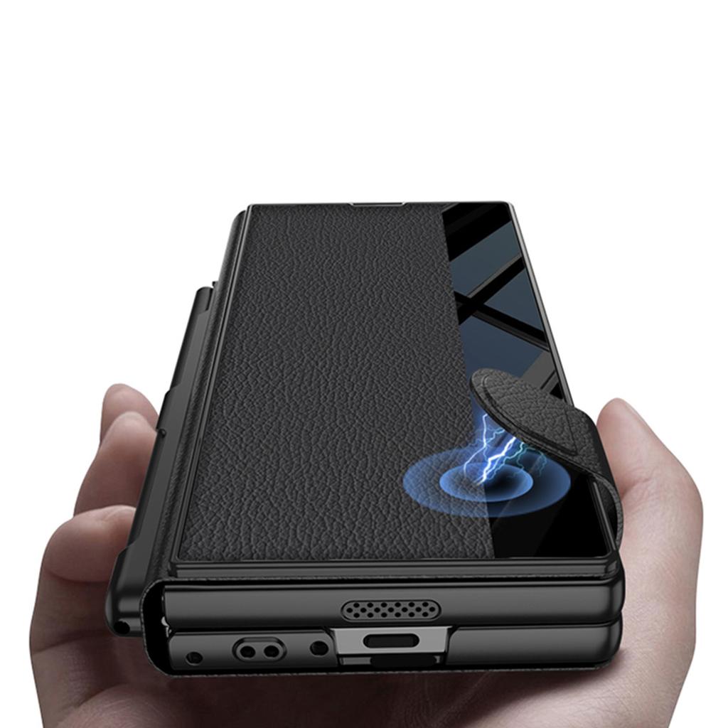 Samsung Z Fold6 Mobile Phone Chitin Leather Bracket Folding Screen Anti Fall Flip Cover Leather Case Film Integrated Pen Slot