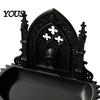 Dark Niche Desk Decor Church Carving Design Storage Box, Matte Black Desktop Organizer for Rings Gothic Home Ornament Bracelets Goth Decor, Style Tray