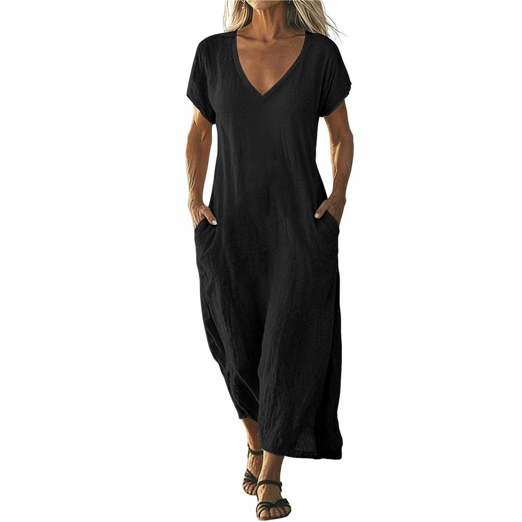 Women V Neck Short Sleeve Loose Fit Maxi Dress with Pockets Casual Summer Lightweight Long Dress for Daily Wear