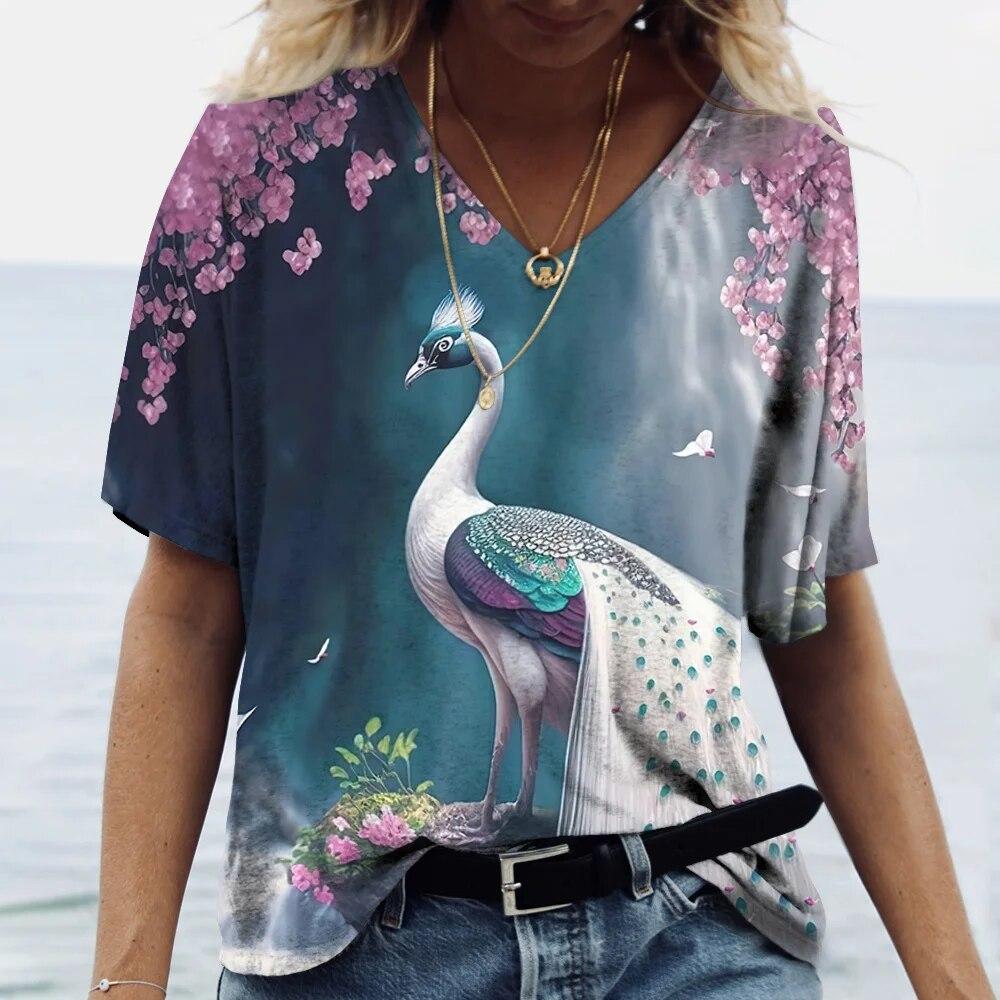 Women's V-Neck T-Shirt Peacock 3D Print Casual Fashion Summer Pullover Short Sleeve Harajuku Oversized Tops Tees For Ladies