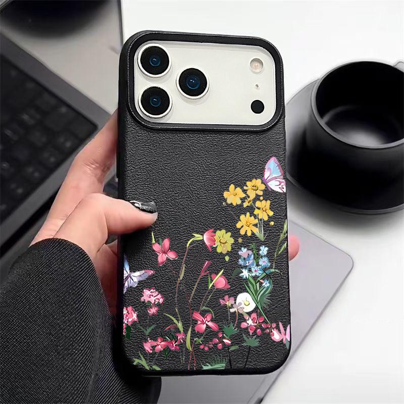 Mini Blossom Print Protective Soft TPU Leather Texture Cover For iPhone 17 Pro Max Air 16e 15 14 13 Shockproof Case