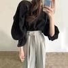 Korean chic retro niche design sense age-reducing top spring versatile round neck lantern long sleeve bottoming shirt women