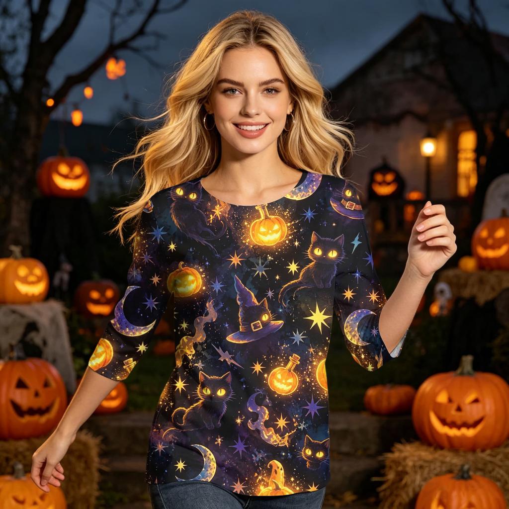 Women's Casual Halloween Print Three Quarter Sleeve Round Neck Top Lightweight Comfortable Fit for Everyday Wear
