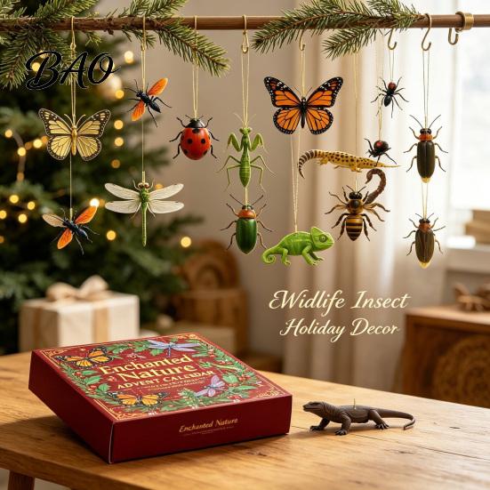Unique Unboxing Experience 24-Day Christmas Countdown Calendar Box with 24 Insect And Reptile Acrylic Ornaments, 2D Creative Holiday Gifts Flat Animal