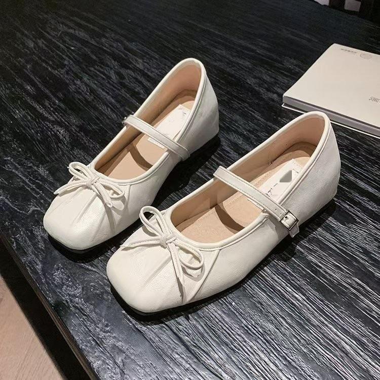 French retro light mouth single shoes new spring and summer bow soft sole square head word Mary Jane shoes