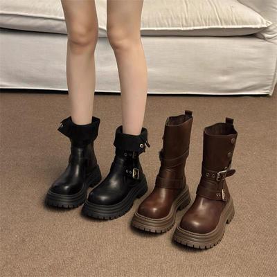 British Style Two Wear Folded Martin Boots Women's 2025 New Autumn Retro Medium Boots Platform Locomotive Short Boots